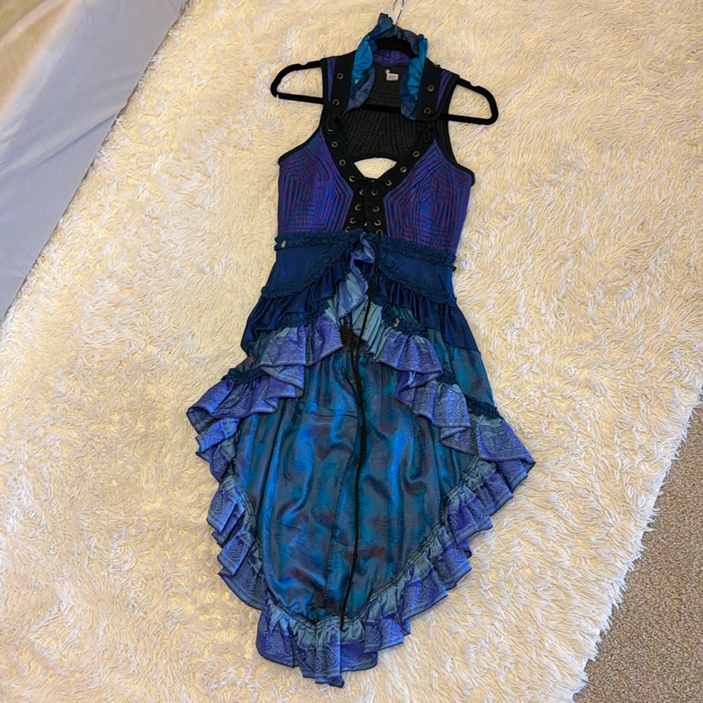 One of a kind purple blue and aqua 100% silk dress - bustier and bustle skirt